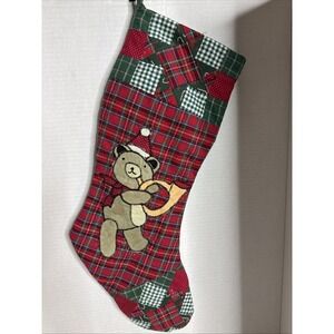 HM Farmhouse Plaid Patchwork Boy Bear Trumpet Applique Christmas Stocking Flaw